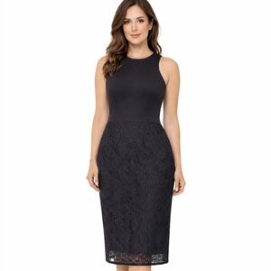 Icone Black Satin and Lace Racerback Top Sleeveless Cocktail Dress, M